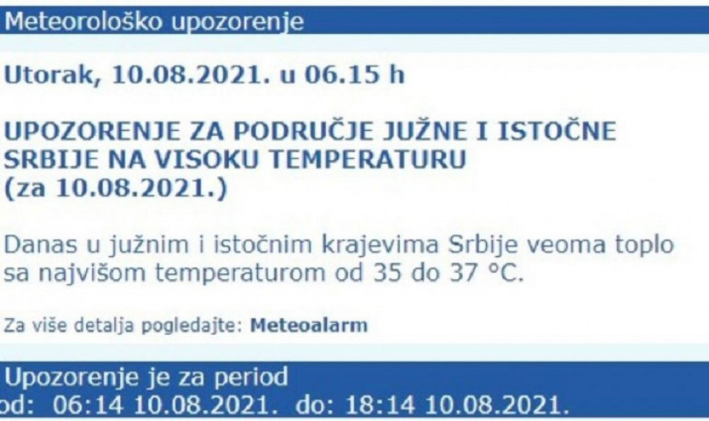 RHMZ izdao UPOZORENJE: Zbog vrućina upaljen meteo alarm u OVIM delovima Srbije